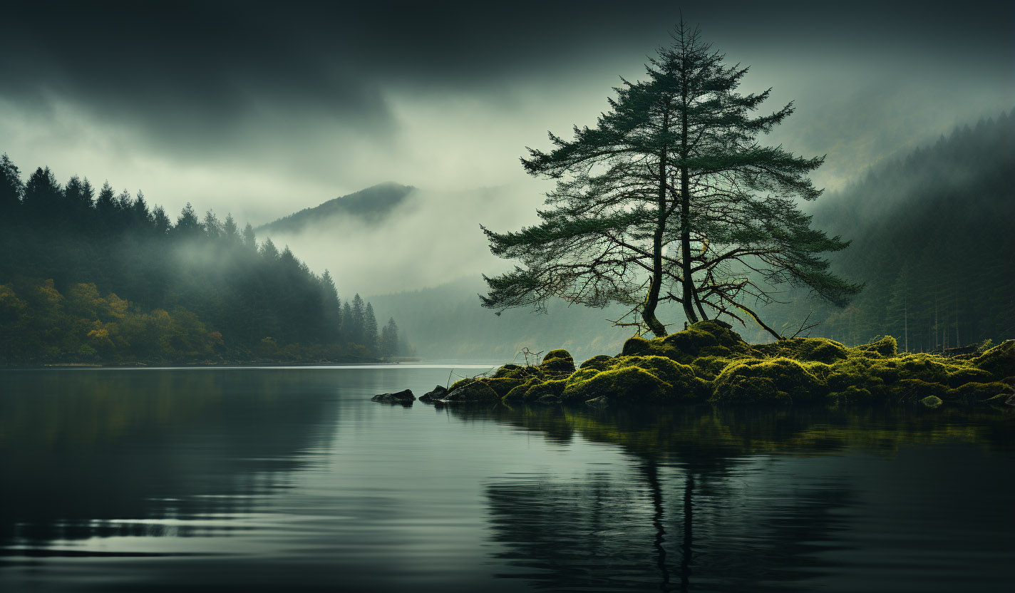 a-long-tree-inside-a-lake-covered-in-mountains